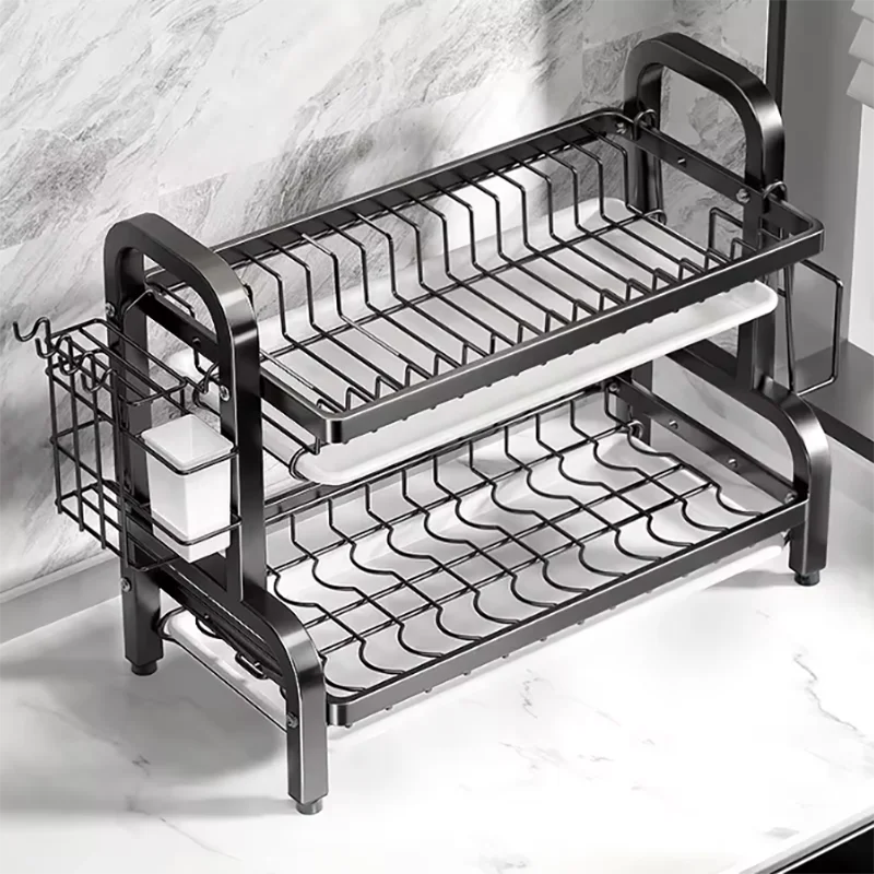 Dish Drying Rack 2-Tier Compact Kitchen Dish Rack Drainboard Set Large Rust-Proof Dish Drainer with Utensil Holder 3