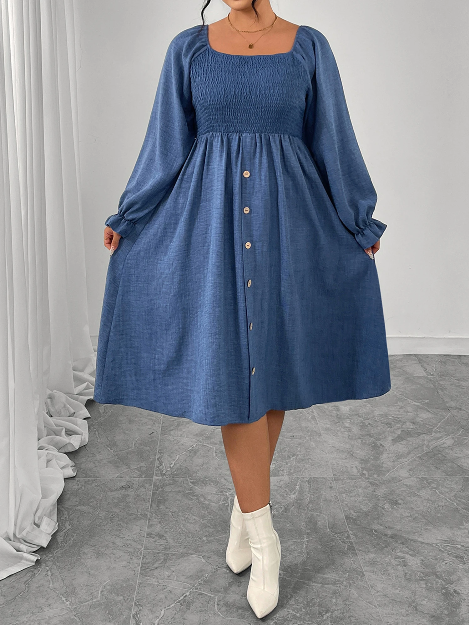 Elegant Women s Plus Size Long Sleeve Midi Dress with Square Neckline and Button Up Detail in Autumn Colors