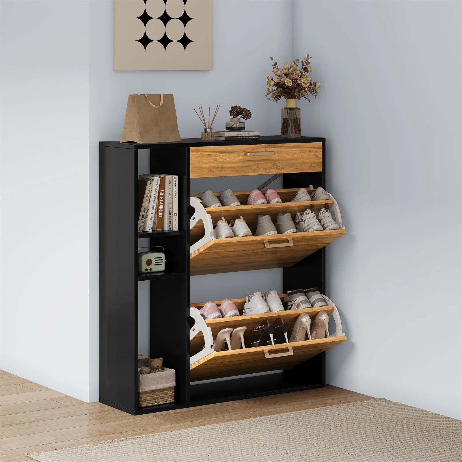 3-stöckiger Schuhschrank mit Türen, Holz-Schuhaufbewahrungsschrank mit verstellbaren Regalen für Eingangsbereich, Flur, Schlafzimmer, Wohnmöbel – Detail 2