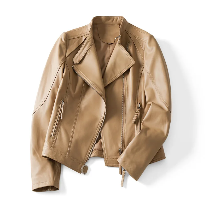 Genuine Leather Clothes Women's  Spring and Autumn New Fashion Khaki Locomotive Sheep Leather Collar Jacket Short Jacket