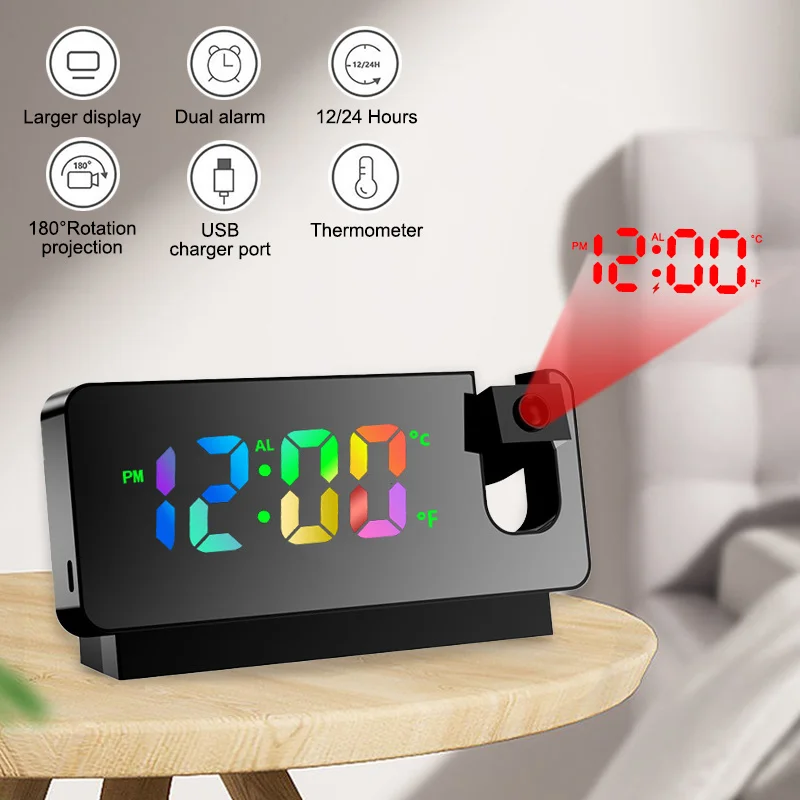 

180° Rotation Projection Alarm Clock for Bedroom LED Colorful Digital Electronic Desktop Clock USB Charger Ceiling Projector