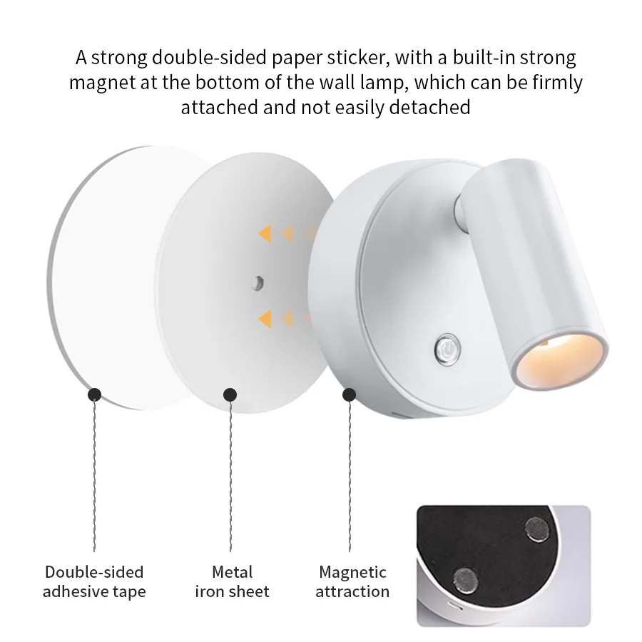 2Pcs LED Light Magnetic USB Rechargeable Wall Light Spotlight Wireless No Wiring No Punch Reading Light Bedroom Bedside Light 6