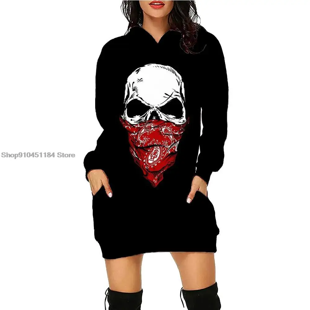 

Colorflu Skull Printed Hoodie Dress 3d Skull Pattern Long Sleeve Pullovers Fashion Medium Length Hoodie Winter Casual Women Tops