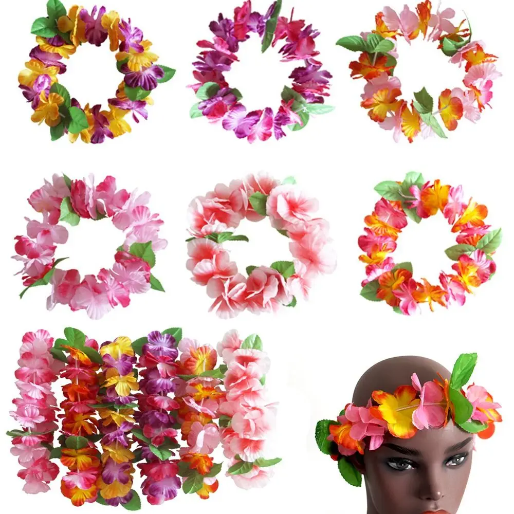 Summer Hawaiian Head Ring Tropical Beach Colorful Artificial Wreath Flowers Necklace Bracelet 6PCS artificial flower leis
