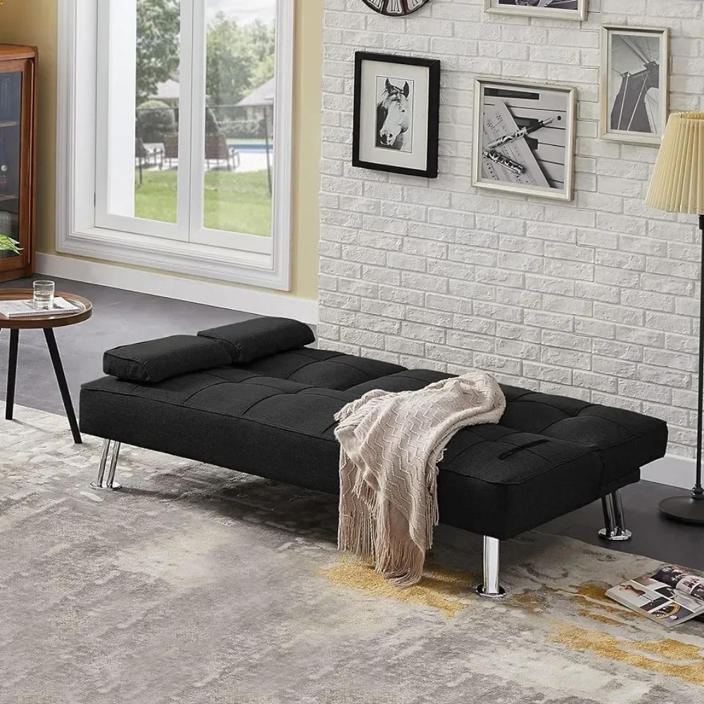

Convertible Folding Futon Sofa Bed with2 Cup Holders,Loveseat Removable Armrests and Metal Legs Fabric,Black Sofa Beds