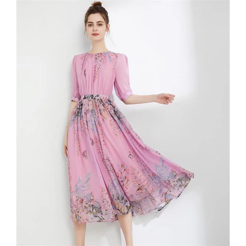 

Женские платья высокого качества, лето 2023, Подиумные элегантные платья с круглым вырезом и рукавом до локтя, повседневные платья с принтом NP1947N