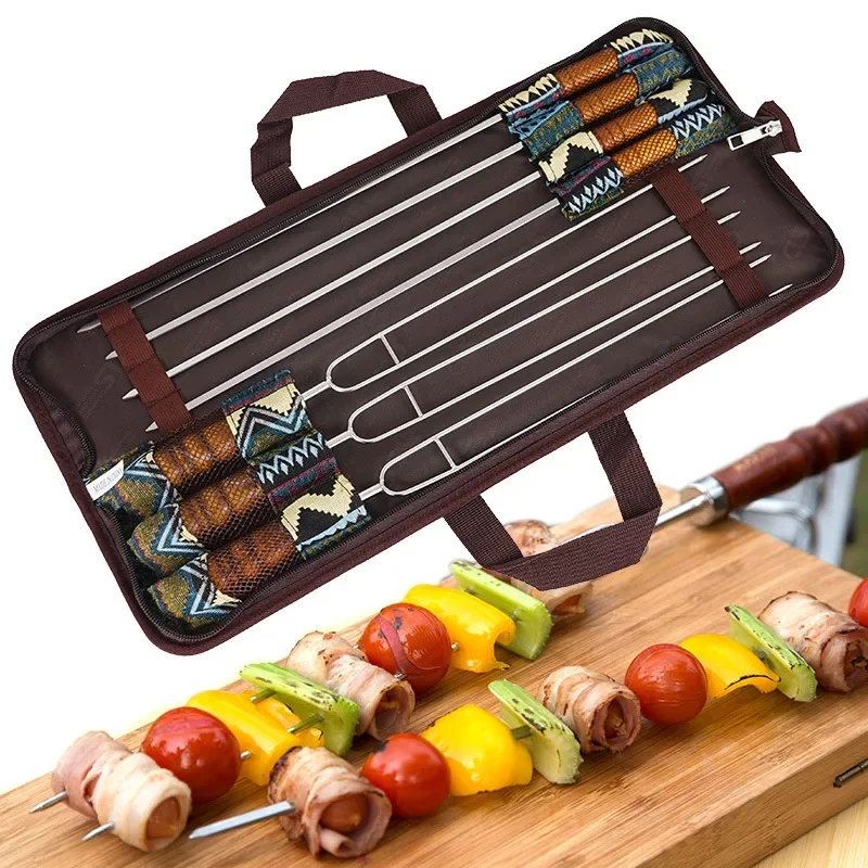 Outdoor BBQ Skewer 7-piece Set Stainless Steel Barbecue Wooden Handle Sticks BBQ Grill Skewers with Storage Bag Camp Picnic Tool