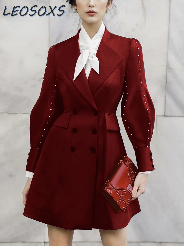 

Commercial Profile Red Small Suit Jacket Autumn and Winter New Elegance Retro Design Sense Niche Waist Tight Suit Blazer Coat