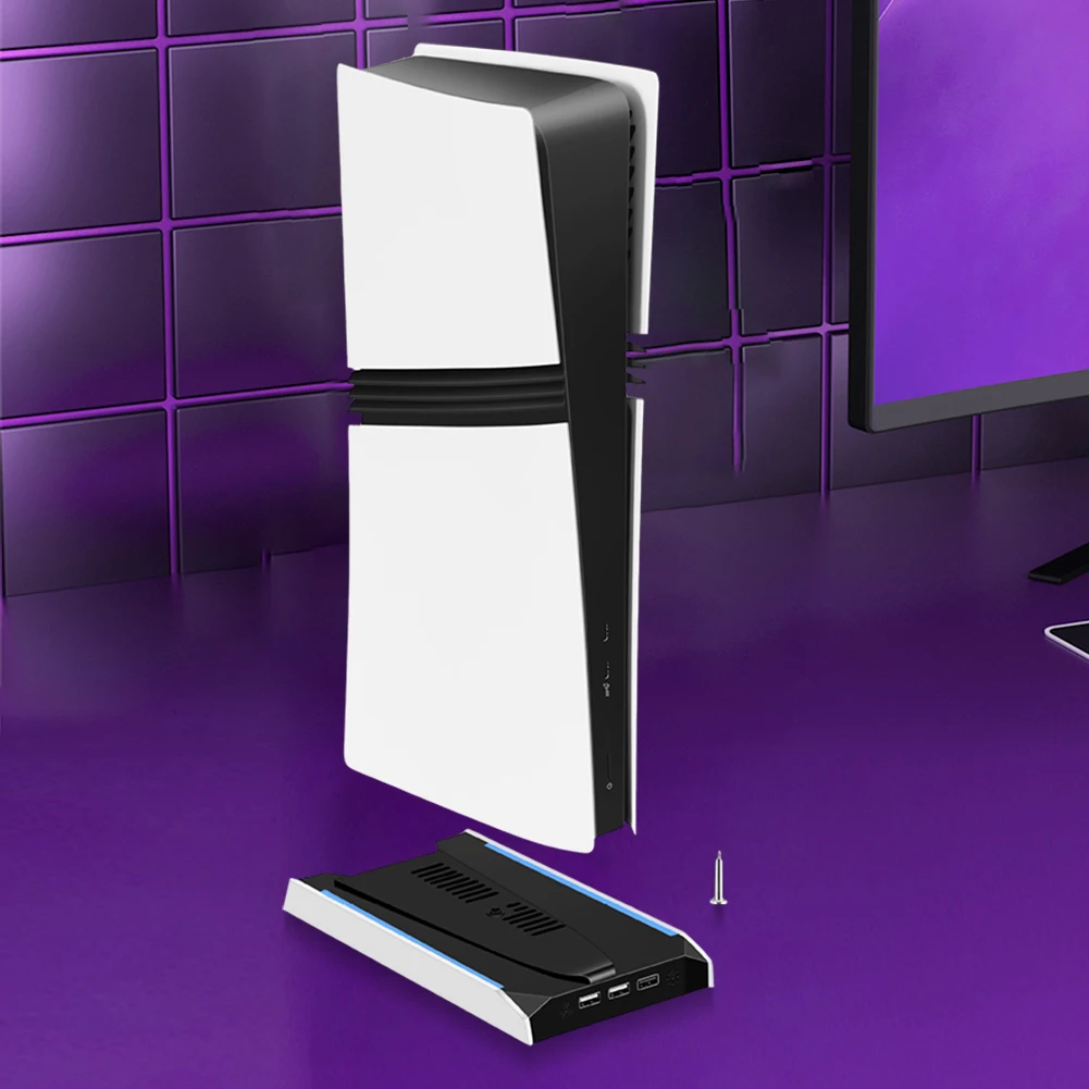 PS5 슬림/PS5 프로 RGB 수직 쿨링 스탠드 8가지 조명 모드 게임 콘솔 거치대 (3개 USB 2.0 포트 및 3단 속도 팬 포함)