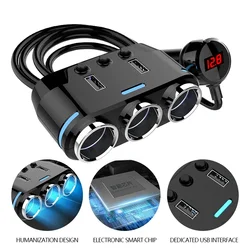 12V-24V Car Cigarette Lighter Socket Splitter Plug LED USB Phone Charger Adapter Voltage Car Cigarette Lighter Extension Cable