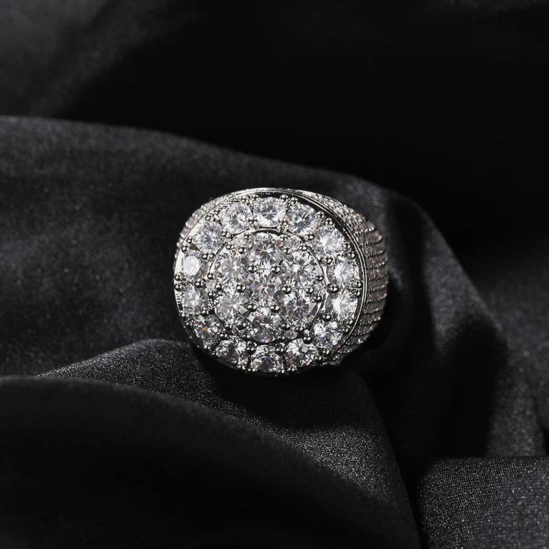 【週末限定特価】ダブルフローリン　4シリング　銀貨925 Hip Hop 5A+ CZ Stone Paved Bling Ice Out Big Round Finger