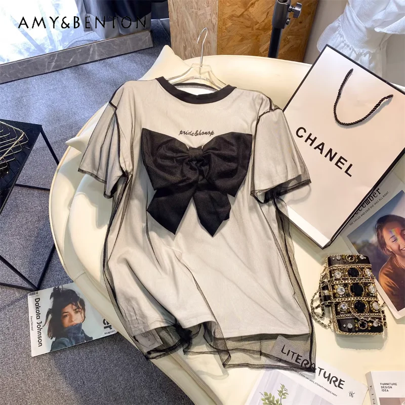 

Korean Style Fashion Brand Ins Lace Fake Two-Piece Patchwork Short-Sleeved T-shirt Women's Summer Bow Mid-Length Casual Top Tees