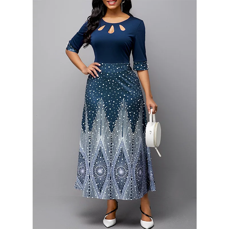 Autumn Women's Clothing Hollow Out Round Neck Vintage Printing Half Sleeve Casual Zipper Pullover Ankle-length Plus Size Dresses
