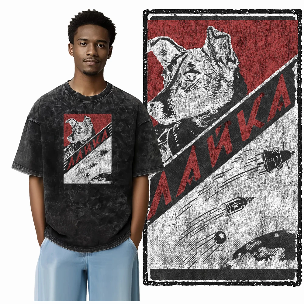 DCA LAIKA DOG Bedrucktes Säuregewaschenes Baumwoll-Streetwear Exklusives Grafik-Unisex-T-Shirt Cooles Vintage Herren-T-Shirt für Männer – Detail 3
