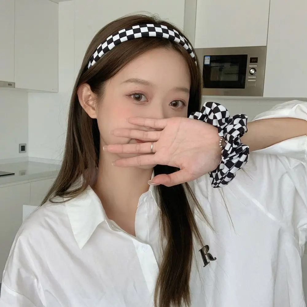 Korean Vintage Black White Check Headband Hair Rope Elastic Hairbands Scrunchies Headwear Set Women Hair Accessories elegant colorful checkerboard grid hair claws check grip bathing hair clips hairpin shark barrette women hair accessories