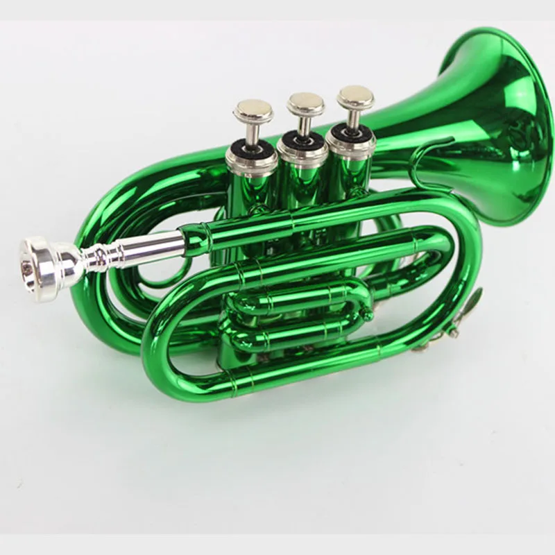 

High quality Bb B flat pocket trumpet, palm trumpet instrument with hard case, mouthpiece, cloth and gloves, green