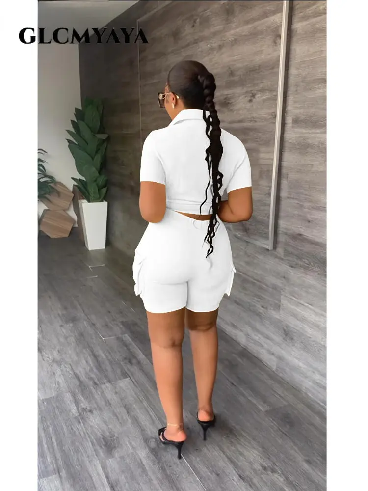 

Женский костюм GLCMYAYA из рубашки с коротким рукавом и карманами спереди и боковых шорт, костюм-карго 2023, комплект из двух предметов, спортивные костюмы