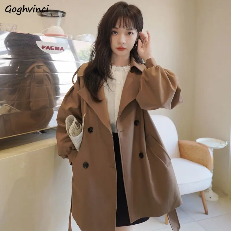 

Trench Women Turn-down Collar Simple Loose BF Chic Outwear Solid Fashion Lantern Sleeve Leisure Fall Newly Lace-up All-match Ins