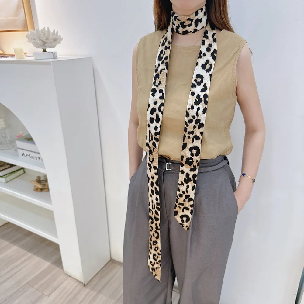 Fashion Elegant Leopard Print Streamer Women 200x5CM Narrow Long Silk Scarf Hairband Bag-belt Plus-long scarf 4