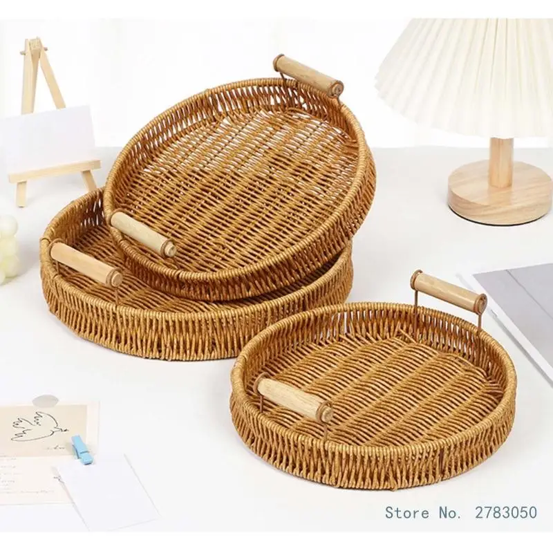 Handmade Wicker Storage Baskets Imitation Rattan Woven Baskets Compact Bread Fruit Home Organization Tray 3