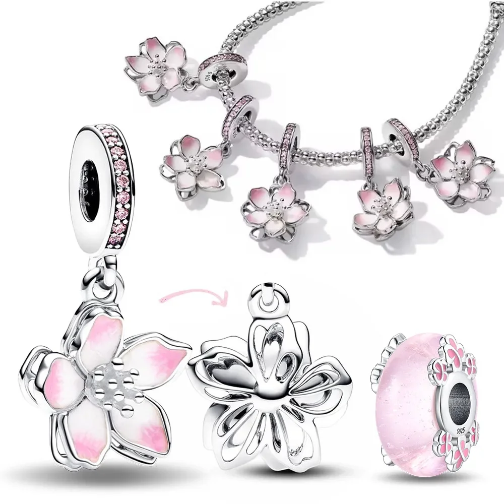 925 Silver Pink Flower Cherry Blossom Dangle Charms Beads Fit