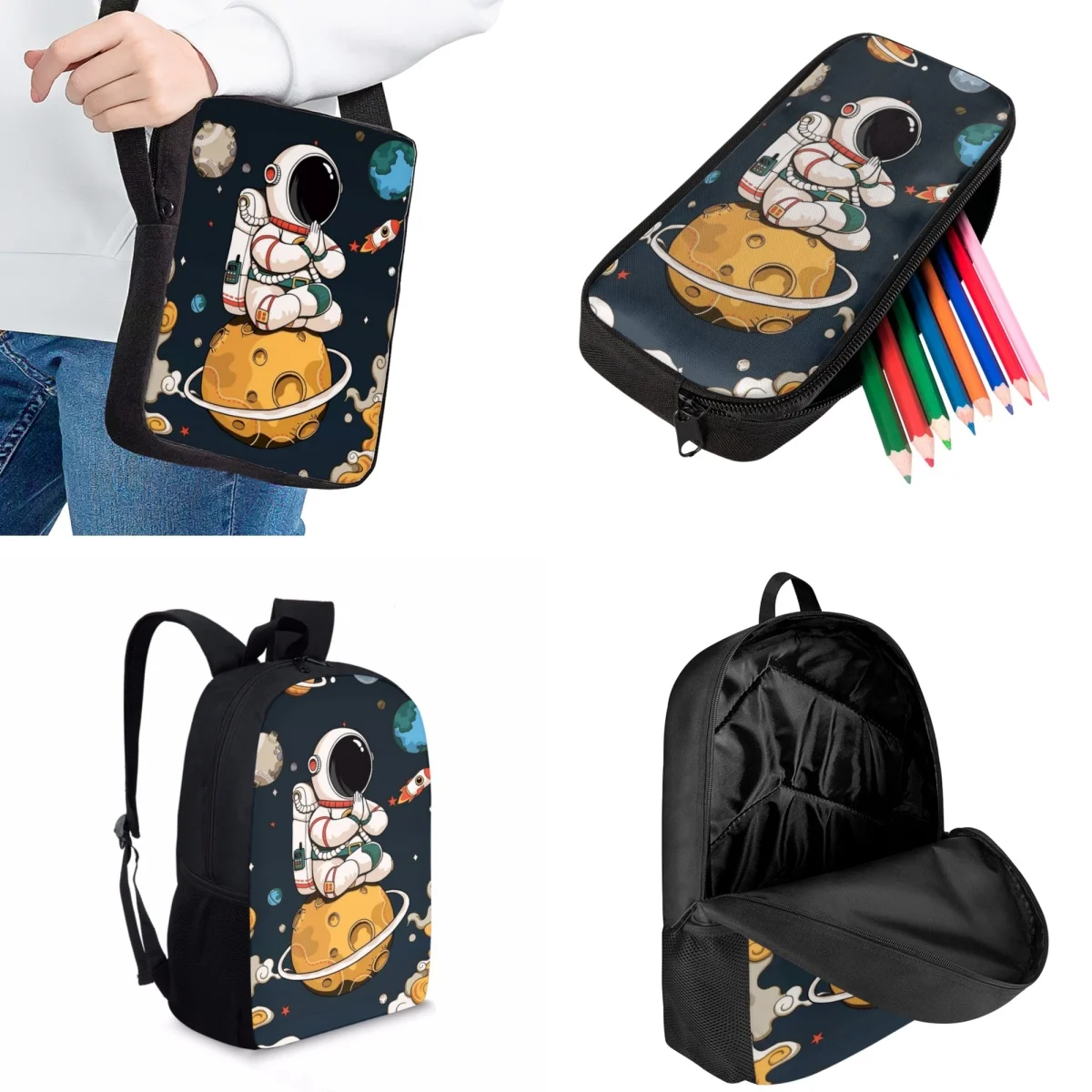 Jackherelook Cosmic Astronaut Cartoon Pattern Fashion Children's School Bags Student Book Bags Set Boys Girls Practical Backpack