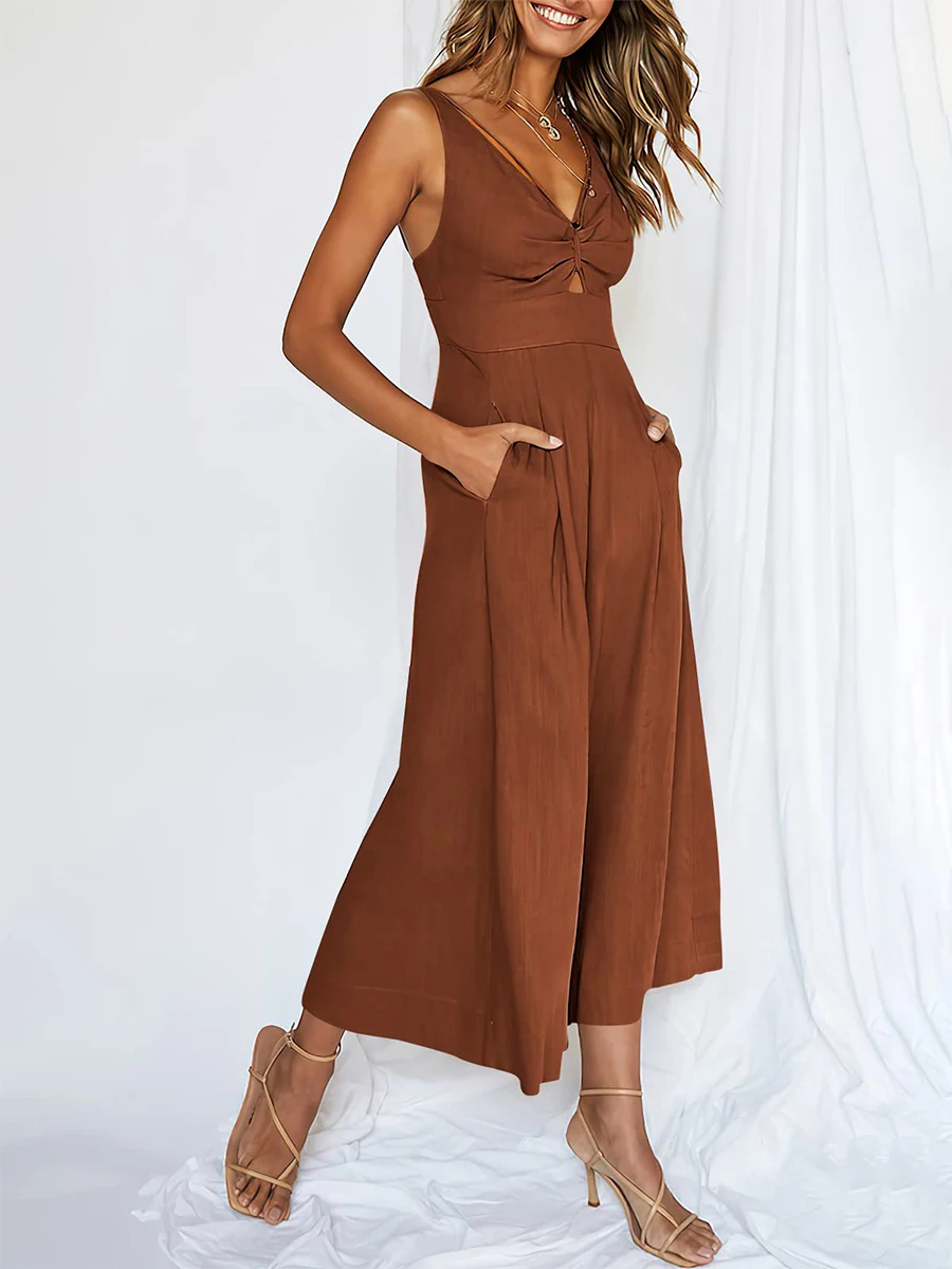 Women's Adjustable Straps Jumpsuits High Waist Smocked Cutout Loose Rompers Open Back V Neck Wide Leg Jumpsuits with Pockets