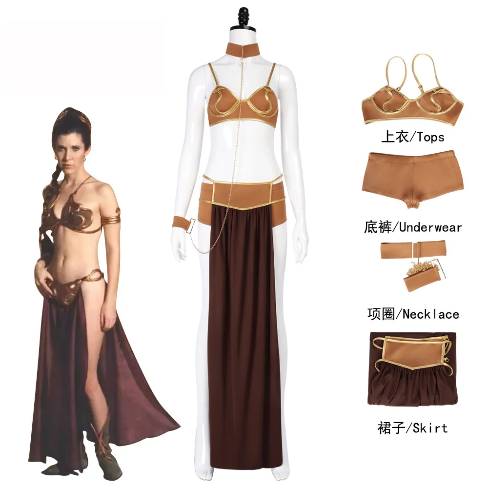 Princess Leia Cosplay Sexy Slave Dress Movie Space Battle Fantasy Costume Disguise Bikini Set Adult Women Girls Roleplay Outfit