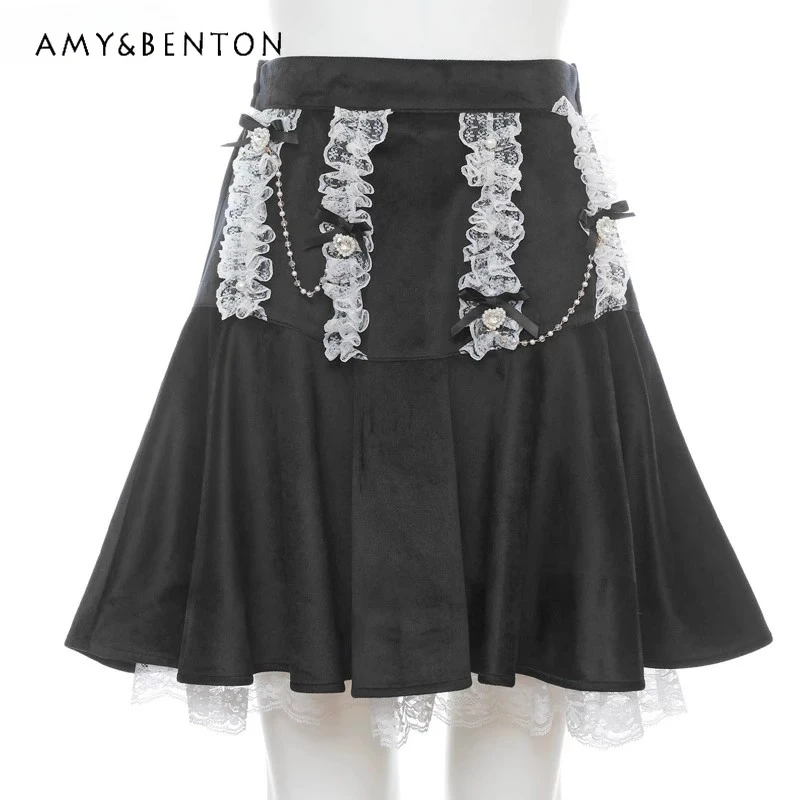 Japanese Sweet Cute Lace Love Pendant Beaded Mini Skirt Lolita All-Match Slim Y2K Skirt Kawaii Mine Mass-Produced Black Skirt