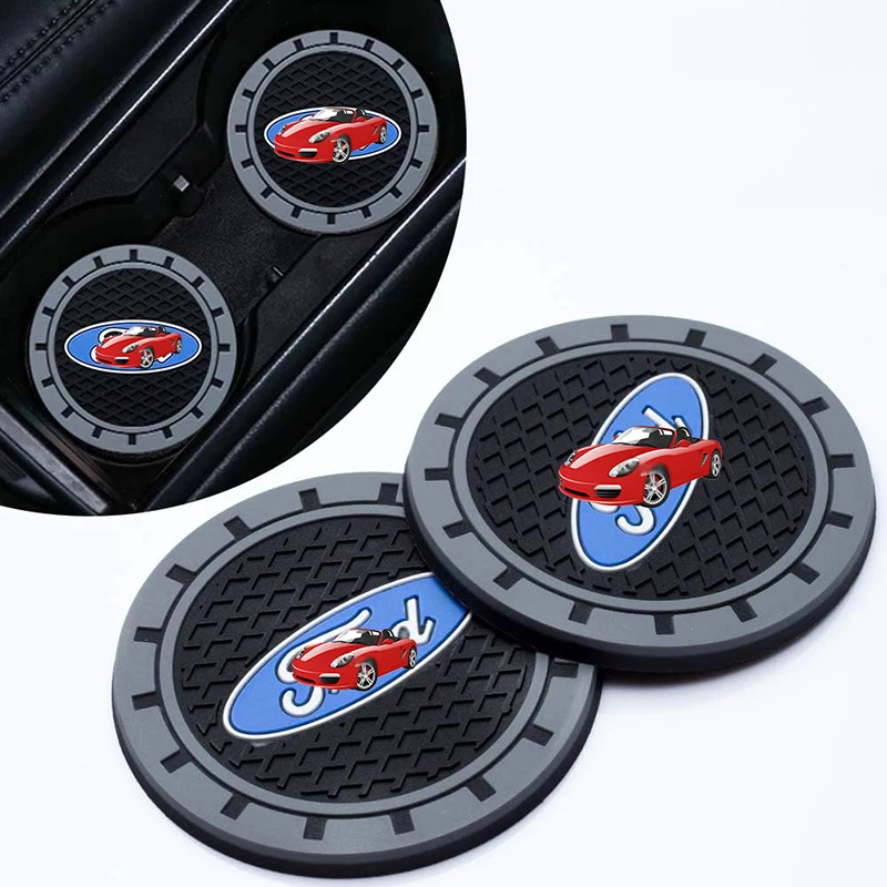 

2Pcs Car Coaster Non Slip Water Cup Mat Anti-Dirt for Ford Soft Silicone Waterproof Car Interior Decoration Accessories