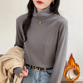 2025 سميكة صوف مبطن الياقة المدورة مزدوجة الوجهين المخملية الدافئة قاعدة تي شيرت الكورية نمط الخريف الشتاء طبقة قاعدة بسيطة القمم ﻿ 2