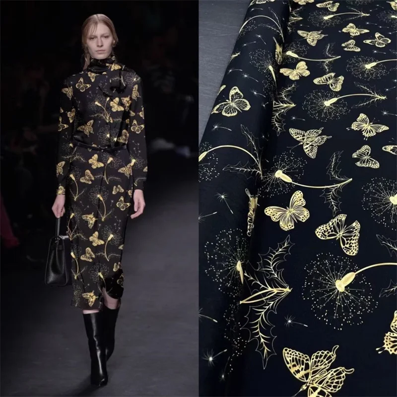 

New Fashion Poster Style Black Bottom Metal Butterfly Print Silk Elastic Crepe De Chine Fabric Luxury Dress Shirt Silk Designer
