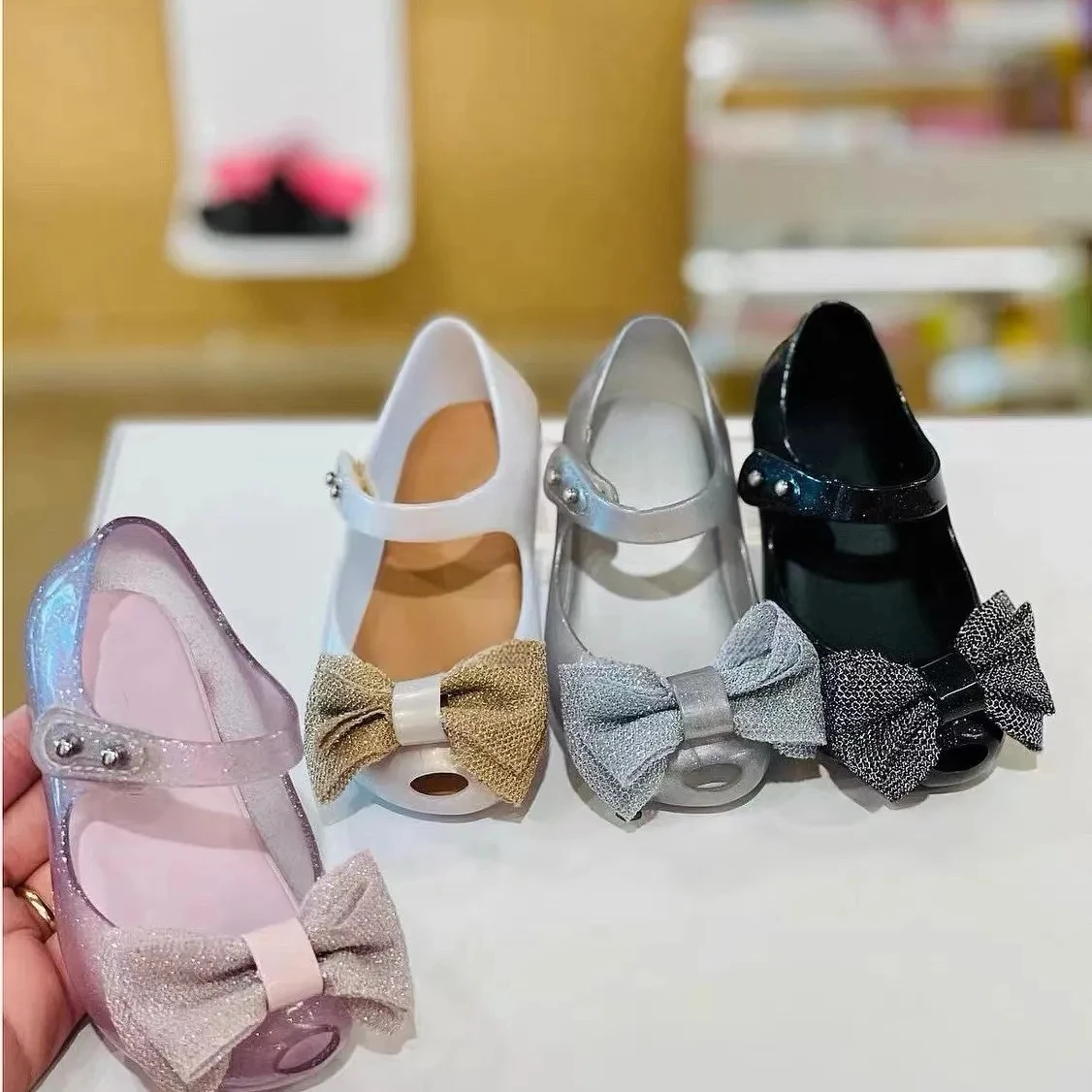 Mini Melissa 2024 New Girl Fashion Fabric Bowknot Jelly Shoes Children Summer Sandals Kids Soft Soled Princess Beach Shoes 6