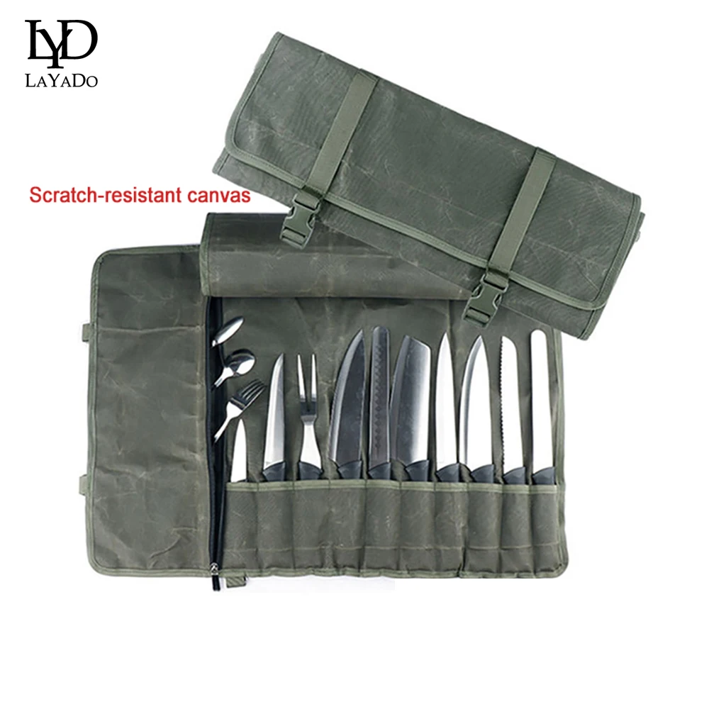 

Portable Chef Knife Bag Oil Wax Canvas Scratch-Resistant Roll Bag For Chef Carry Outdoor Cooking Storage Pockets Knife Tools Bag