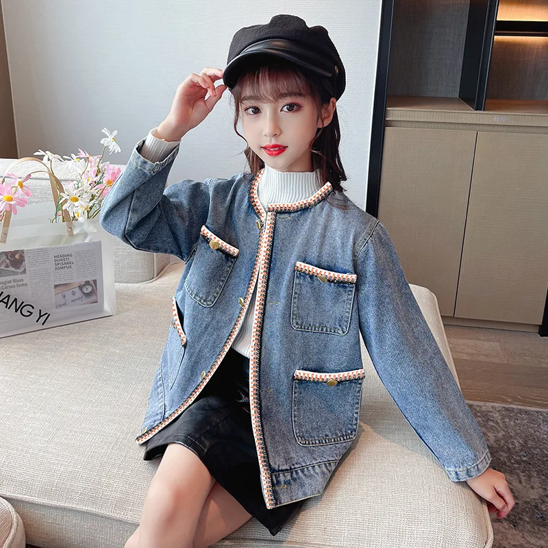 

Children Denim Jacket New Spring Autumn Korean Outerwear Long Sleeve Top Girl O-Neck Pocket Webbing Fashion Coat 6 8 10 11 12 Y