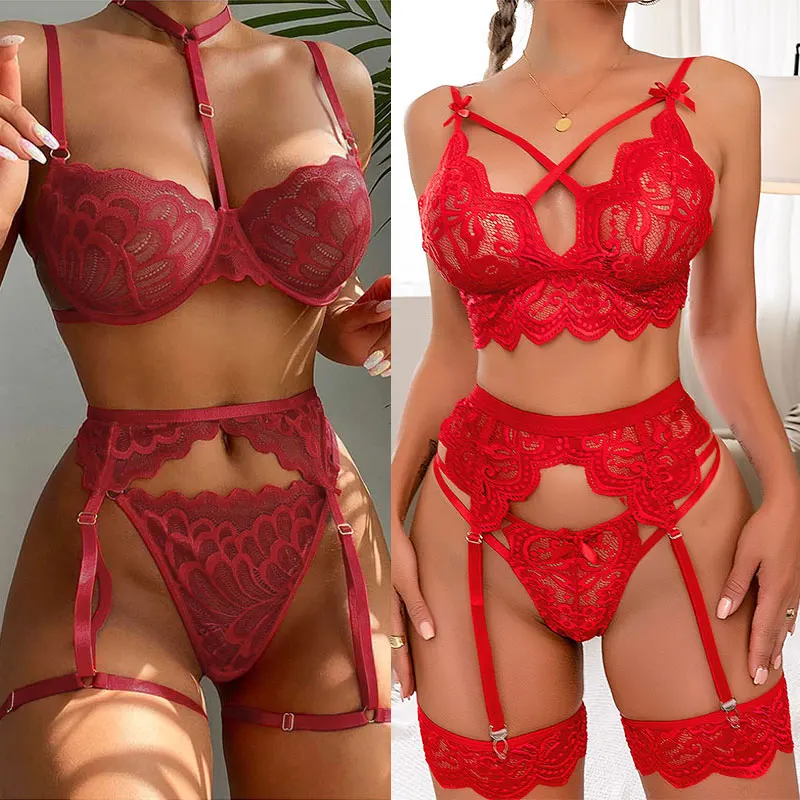 3 Piece Garter Belt Lingerie Sexy Costume Babydoll Embroidered Bra Panty Underwear Sets With Leg Rings