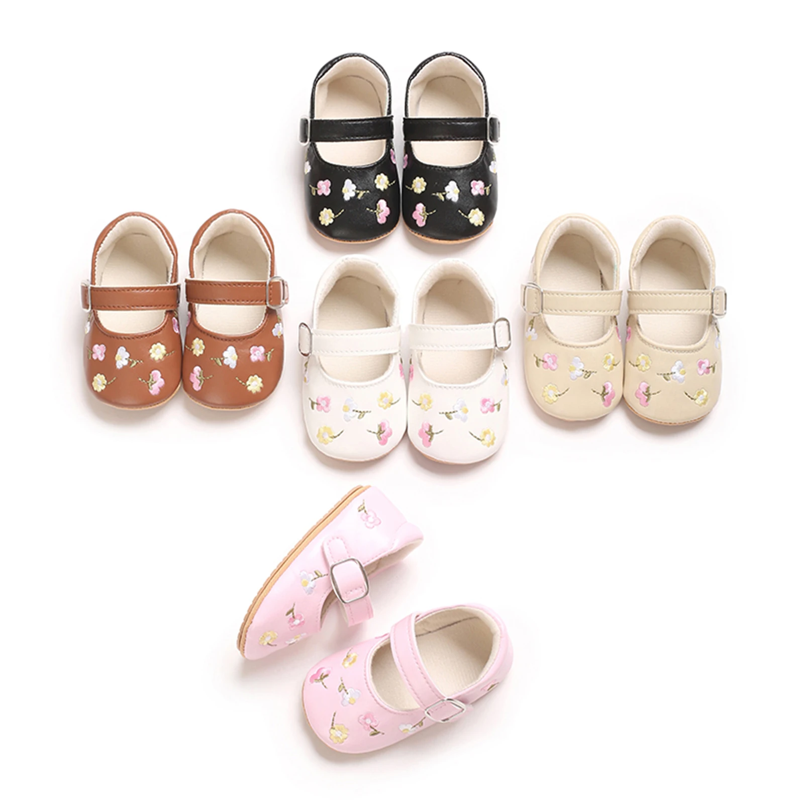 FOCUSNORM 0-18M Lovely Baby Girls Mary Jane Flats Shoes Flower Embroidered Non-Slip Newborn Crib Shoes