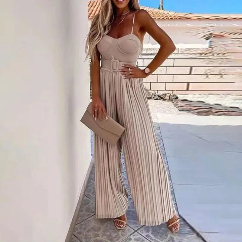 

Pleated patchwork long sling jumpsuits wide leg women summer hot sale clothing playsuits beach patchwork long party jumpsuits