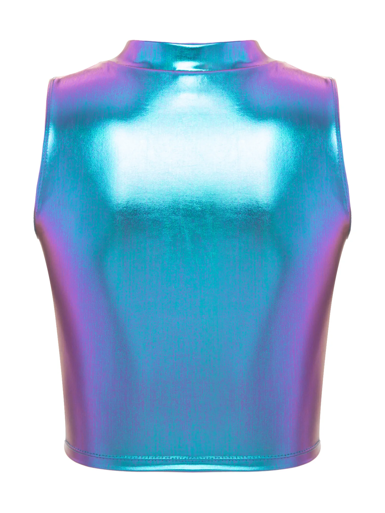 Womens Shiny Metallic Patent Leather Sleeveless Mock Neck