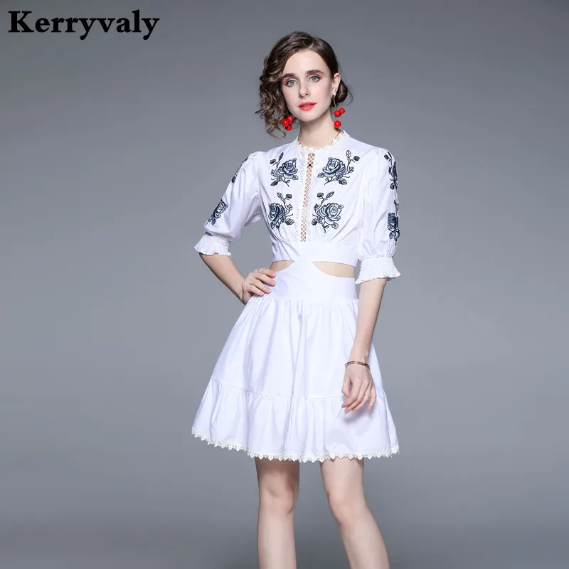 

Summer Embroidered Bubble Sleeves HighWaist Revealing White Dress Women Chic Temperament Floral Dress K8636