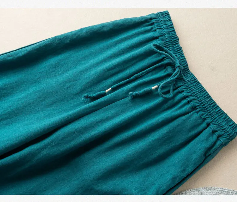 Blaue Stickerei, feste, lässige, elastische, hohe Taille, Baumwolle und Leinen, Damenhose, weites Bein, durchgehende Hose für Damen, Kleidung, Mode – Detail 7