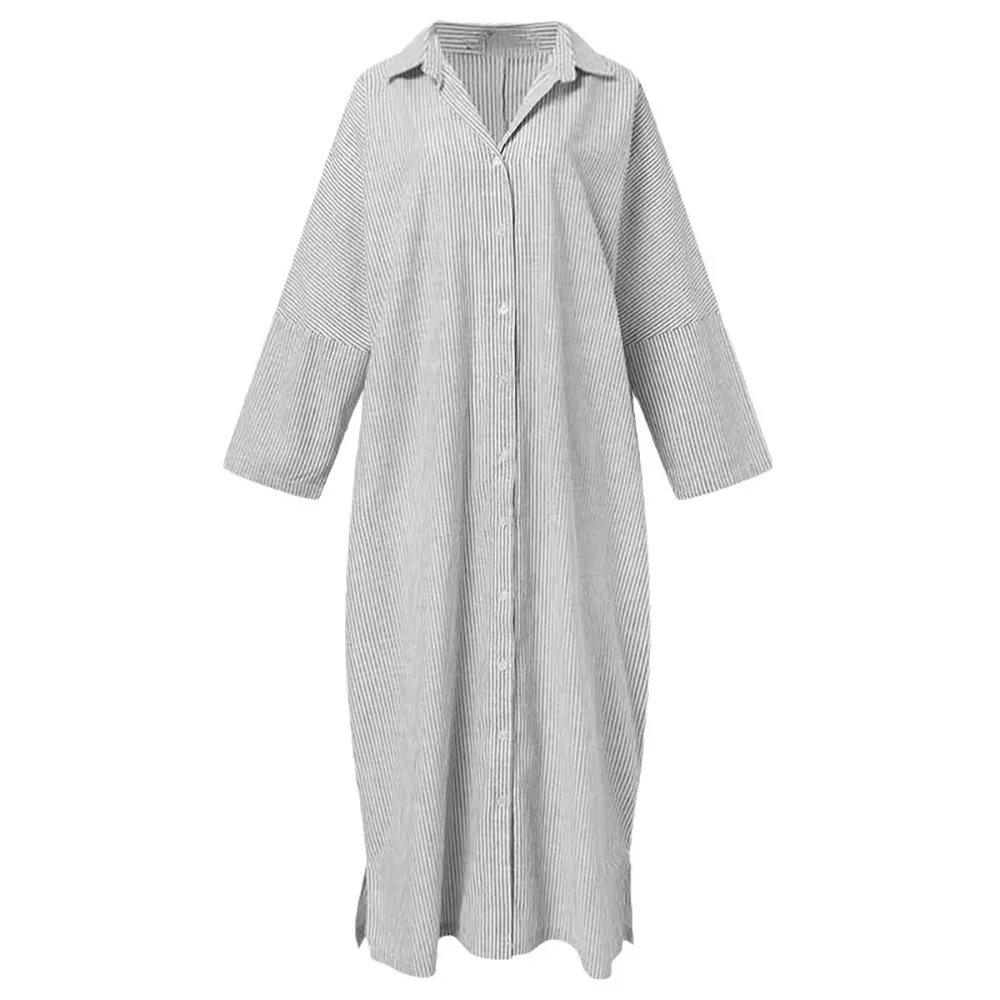 New Design Women's Muslim Clothing Spring Fall Cardigan Lapel Abaya Striped Long Sleeved Shirt Long Robe Moroccan Turkish Dress