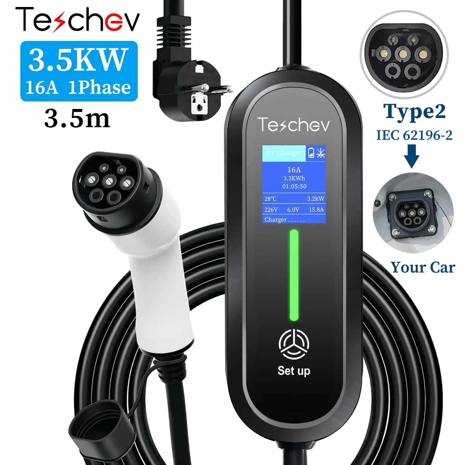 Teschev 220V Portable EV Charger Type2 Wallbox 3.5KW 8A to 16A 1Phase Type1 J1772 IP65 Free Gift EV Bag