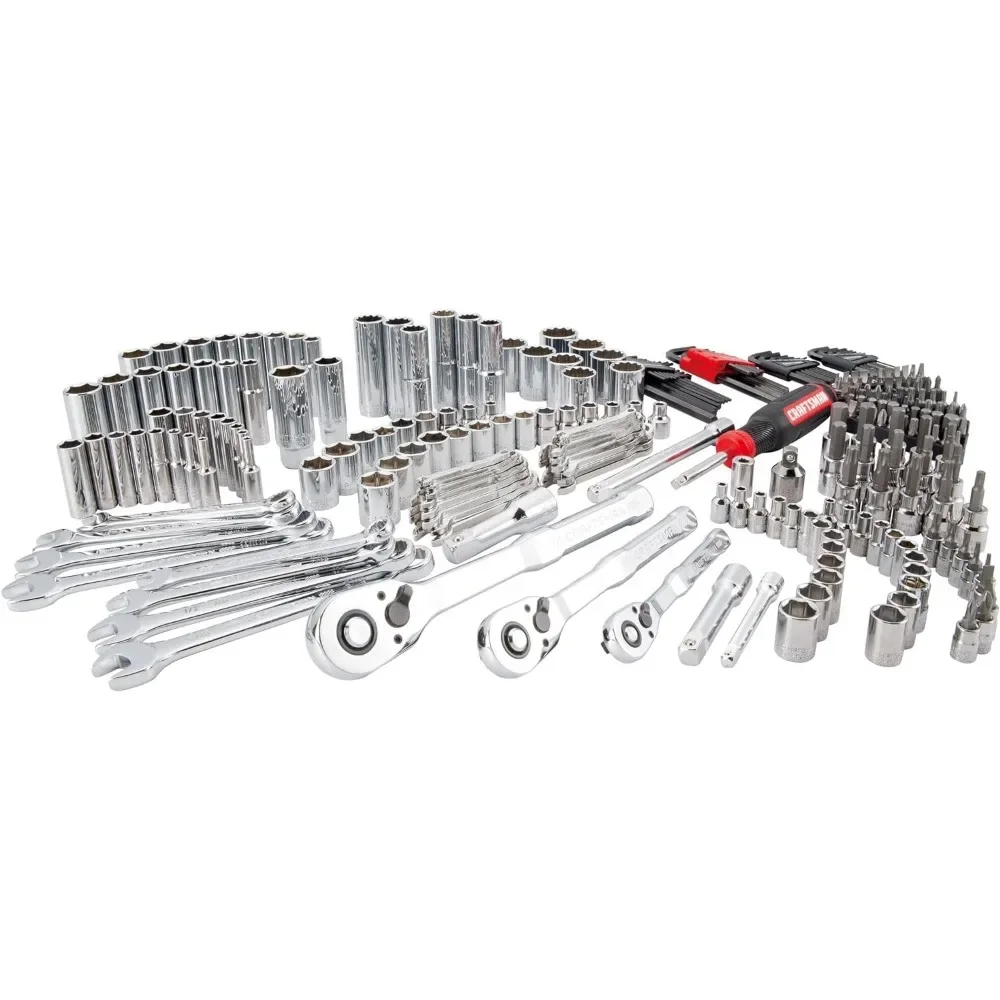All in One Mechanics Set Tool Set 1/4 in 3/8 in And 1/2 in Drive 230 Piece One Handed Locking Dial 72-tooth Ratchet 3