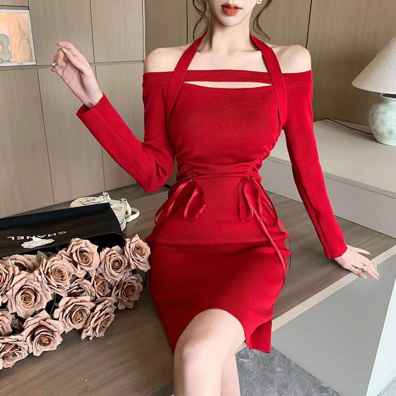 

Autumn New Knit Solid Slash Neck Halter Long Sleeve Mini Dress Draw String Waist Sheath Bodycon Base Sweater Dress Woman