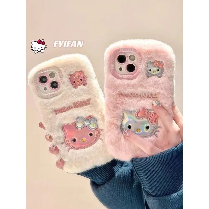 

Kawaii Sanrio Anime Hello Kitty Plush Phone Case Cute Cartoon IPhone15 Embroidery Laser Lovely All-inclusiveI Sweet for Girls
