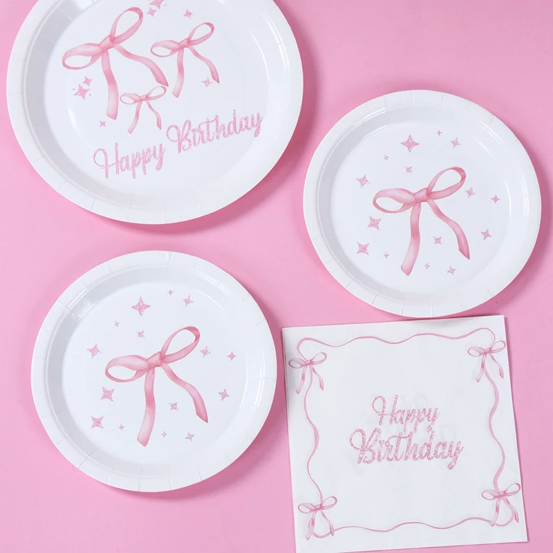 Rosa Schleife Thema Geburtstag Party Supplies Einwegteller Tassen Serviettenschleife Party Dekor Babyparty Mädchen Rosa Schleife Partyzubehör – Detail 4