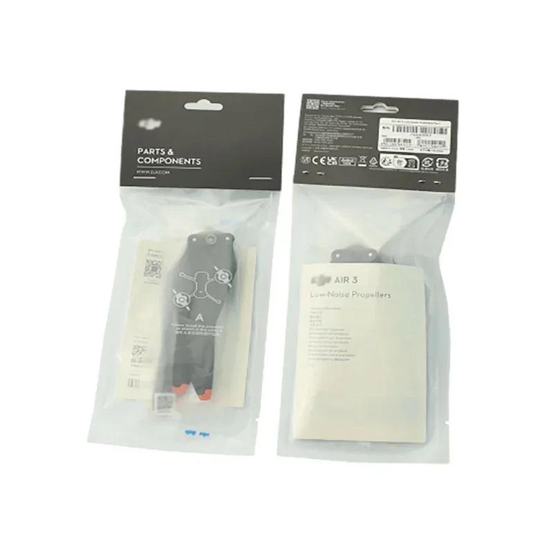 Gros plan sur une hélice Faible Bruit DJI Air 3/3S, texture mate et logo DJI gravé.