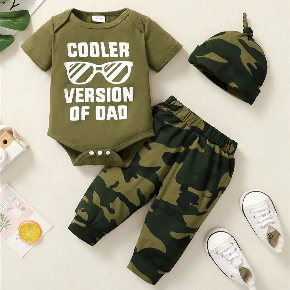 0-18 Months Newborn Baby Boy 3PCS Clothes Set Letters Print Short Sleeve Romper + Camouflage Pants Hat Casual Outfit