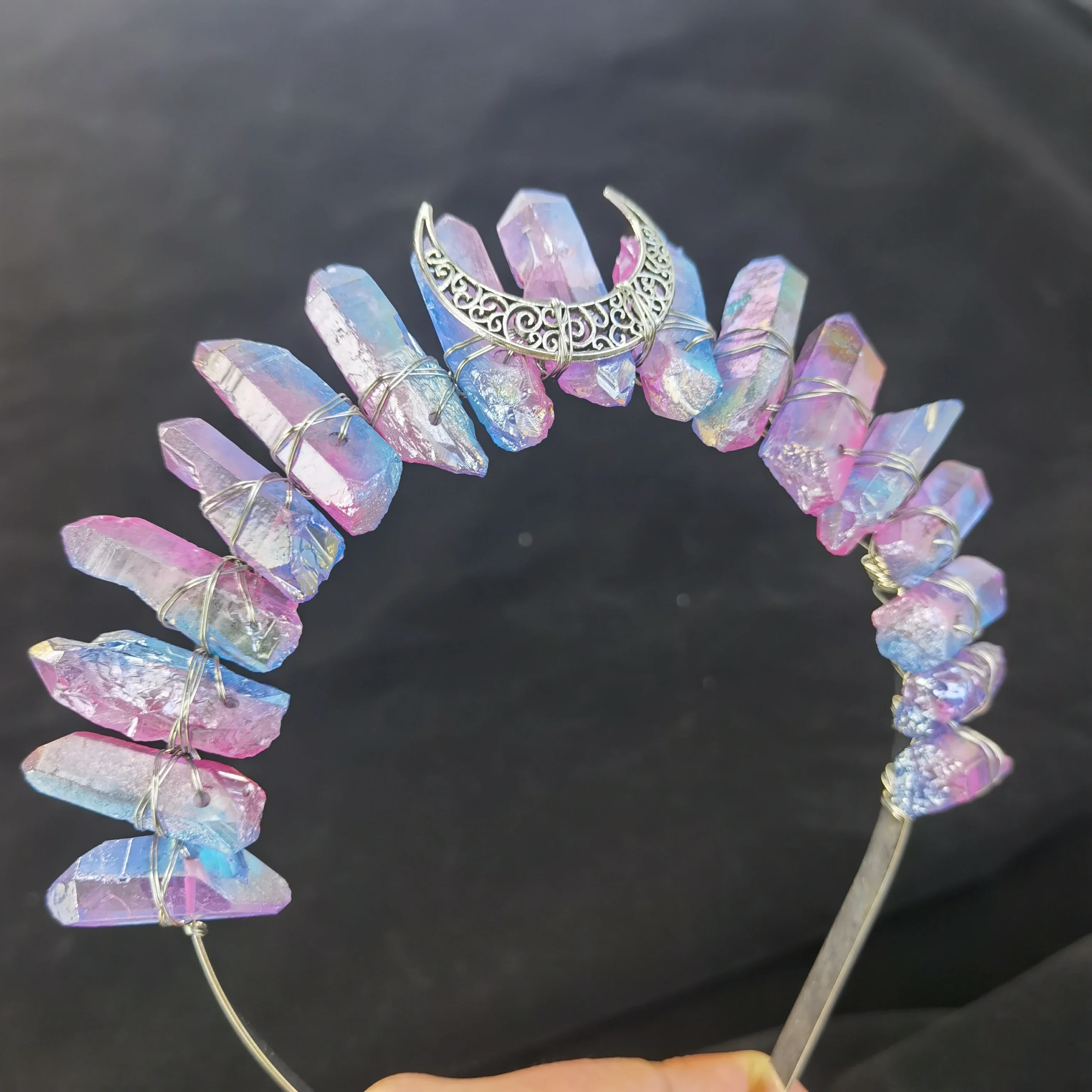 Real Crystal Quartz Druzy Crown Gothic Moon Raw Stone Wand Hairpin Tiara Witchcraft Comb Hair Woman Wed Halloween Jewelry Gift